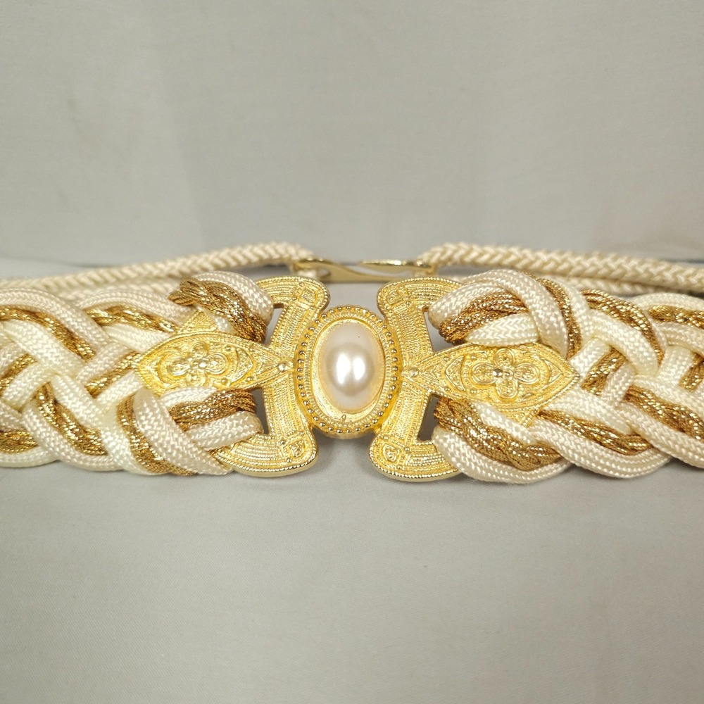 Vintage Braided Rope Cinch Belt Women M / L Gold Ivory White Faux Pearl Glam - Picture 3 of 12